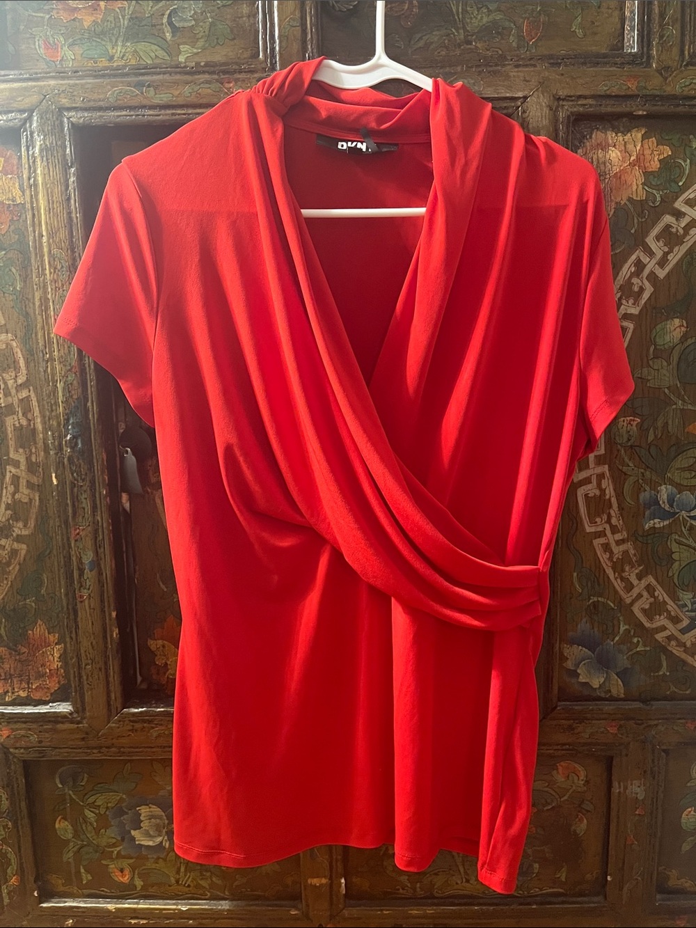 DKNY cherry red faux wrap top